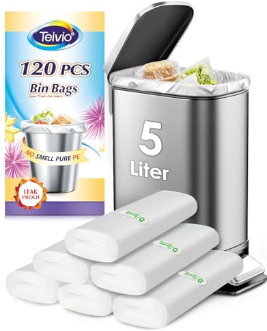 Teivio Bolsas de basura pequeñas de 5 litros, 120 Bolsas Resistentes de Plástico Grueso para Baño, Cocina, Oficina, para Cubos de Basura de 3 a 5 L, Transparente