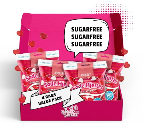 Nordthy Sockerfria Hjärtan Godis 4 x 65g (260g) – Originalt Danskt Vingummi/Fruktgodis utan Socker – Lågkalori Gelébitar – Hälsosamt Snacks & Perfekt för Diabetiker