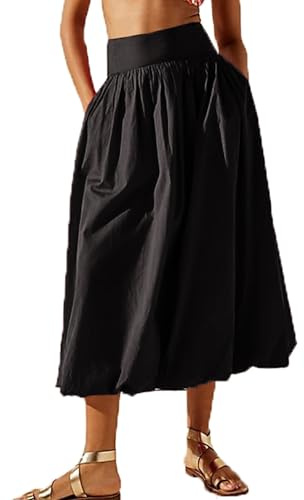 Acrawnni Women Y2k Bubble Maxi Skirt Low Elastic Waist Ruffle Pleated A-line Long Skirts Summer Beach Loose Fit Cute Puffball Balloon Skirt (A-Black, XL)