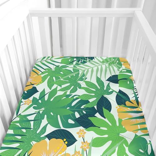 Morbuy Spannbettlaken Babybett, Weiche Spannbettlaken Kinderbett, Spannbettlaken für Kinderbett, Stubenwagen Bezug Kinderwagen Matratzenbezug -3D Tropische Pflanzen (Gelbe grüne Blätter,140x70cm)