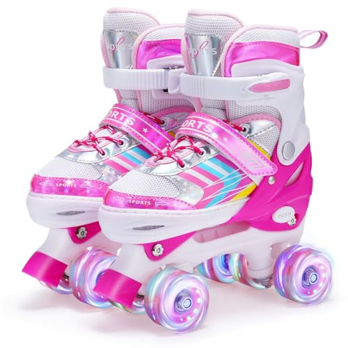 Kinder Rollschuhe für Mädchen Jungen Verstellbare, 8 Light Up Räder Quad Skates für Mädchen Jungen Kleinkind Anfänger Innen und Outdoor (Rosa, M (EU32-36))