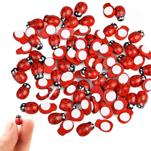 JJiaoLinin Mini Wooden Ladybird,100 Pieces Wooden Lucky Ladybugs,Self Adhesive Ladybird,Stickers for Crafts,Garden Decoration, for DIY Craft Home Party Decoration (10 * 13mm)