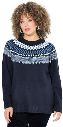 Ulla Popken Damen große Größen Übergrößen Plus Size Norweger-Pullover, Rundhals, Langarm, weicher Feinstrick Tintenblau 46+ 824410740-46+