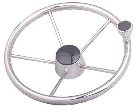 DOFABI Boot Marine 13,5 Zoll 5 Speichen Edelstahl Spiegel Poliert Marine Boot Yacht Lenkrad Mit Bedienknopf Steuerrad für Boote