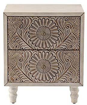 HOMPUS Vintage Nachttisch mit 2 geschnitzten Schubladen, Boho-Beistelltisch, Nachttisch mit 4 Holzbeinen, Kleiner Kommode, Weißer Beistelltisch für Schlafzimmer, Wohnzimmer
