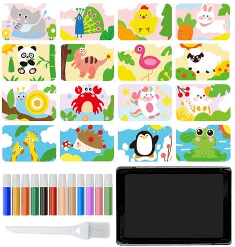 Zubehors Farbige Sandmalerei,Sandmalerei | Farbsand-Kunstbilder-Sets für Kinder,1 Tablett, 1 Pinsel, 12 Sandfarben, 16 Bilder zum Abziehen und Streuen, Kunstwerkzeug für lustiges Basteln