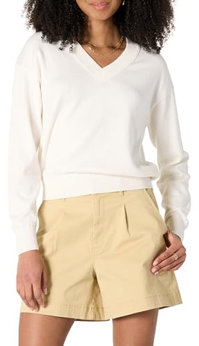 Amazon Essentials Damen Leichter Cropped-Pullover mit V-Ausschnitt und lockerer Passform, Eierschalenweiß, Medium