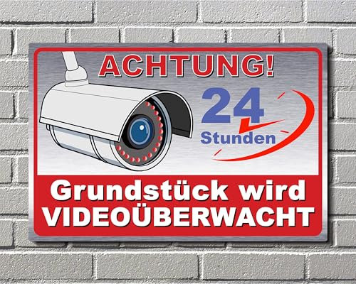 Schild Achtung! Grundstück wird Videoüberwacht Warnschild - Silber gebürstet - Videoüberwachung Hinweisschild aus Aluminiumverbund, 24 Stunden Kameraüberwachung v8 (Silber gebürstet, 22,5x15 cm)