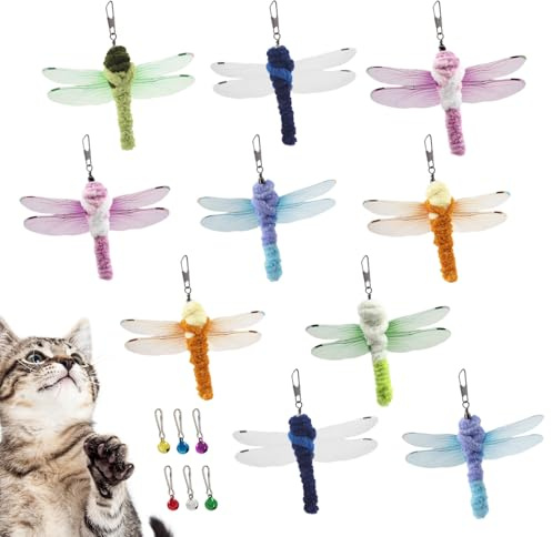 SONGWAY Libelle Katzenspielzeug Ersatz Nachfüllung - 10 Stück Insektenförmig Katzenangel Anhänger mit Glocken, Katzen Libellen Spielzeug, Interaktives Katzenspielzeug für Katzen