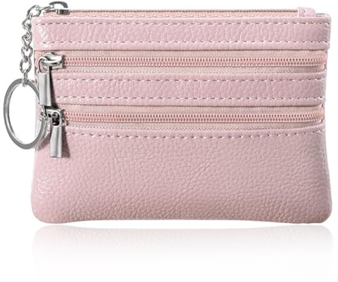 Herren Geldbörse aus echtem Leder mit Reißverschluss, 2 Reißverschlussfächer Schlüsselanhänger Leder, Reißverschluss und Schlüsselanhänger Wallets Kleingeldhalter Münz Organizer für Herren (Rosa)