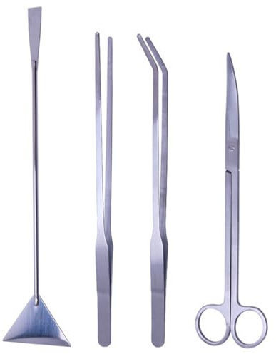 FHISKUNYU 4 Stück Aquarium reinigungsset, Aquarium zubehör, Aquarium starterset, Edelstahl-Aquarium-Pflanzenwerkzeug, enthält Zange, Schere, Spatel, Bonsai-Werkzeug, Algenkratzer (silbern)
