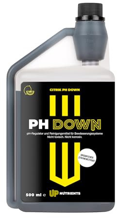 UP NUTRIENTS Bajador de PH 500 ml PH Down de Extracto Cítrico Plantas y Cultivos - Minorador pH con Dosificador 100% Natural - Reductor pH No Corrosivo, No Tóxico - Apto Agricultura Ecológica