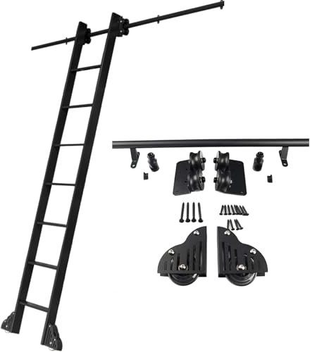 DRFGNF Schiebeleiter-Hardware-Kit, 3,3 bis 24 Fuß Lange Bibliotheks-Rollleiter-Hardware, Mobile Leiterschienen aus schwarzem Rundrohr aus Stahl mit Bodenrollen – ohne Leiter (12 Fuß/366 cm Schienen