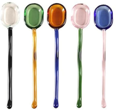 (5 Stycken) Mjölk Dessert Sked Färgglada Pastoral Transparent Värmebeständigt Glas Söt Långhanterad Kaffe Omrörning (Blandat)