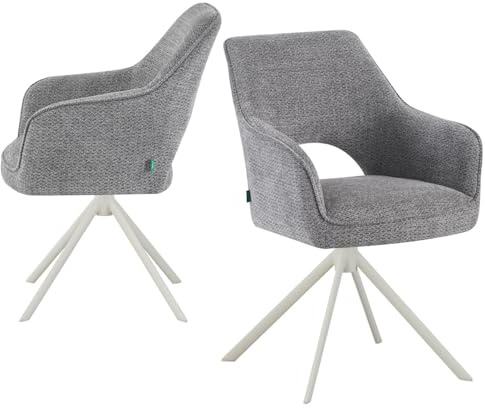 DUBI Möbel® Design Esszimmerstühle Thomas-Cleo 2er Set in Premium Webstoff Grau– Armlehnstuhl mit Federkernpolsterung und Design Gestell in Weiß, 360° Drehgestell mit Auto-Rückstellfunktion