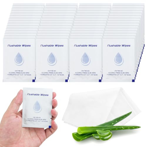 50 Flushable Wipes Travel Size Individually Wrapped for Women and Men | Unscented Wet Wipes Travel Size with Aloe Vera,Pure Water,Alcohol Free for Adult,Women,Men,Girl and Homeless(White)