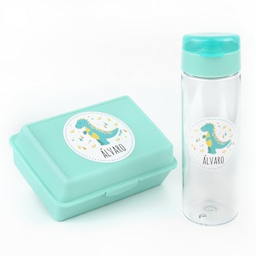 Mi Pipo - Pack Fiambrera Infantil Personalizada + Botella Agua Niños con Pajita 600ml - Dinosaurio | Resistente, Cómoda, Segura, Libre de BPA y con Nombre | Ideal Escuela, Excursiones y Viajes