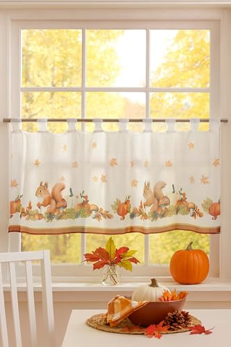 KAMACA Organza Bistrogardine mit Eichhörnchen-Motiv luftige Scheibengardine mit Schlaufen für Küche & Wohnzimmer herbstliche Dekogardine Landhaus (Eichhörnchen mit Herbstfrüchten 45x120 cm)