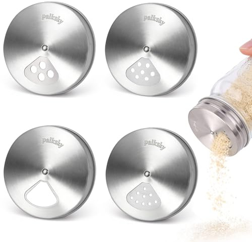 Palksky Mason Jar Spice Shaker Lids Stainless Steel, 4 Pack Regular Mouth Mason Canning Cap for Spices Coriander Seed Garlic/Rosemary Powder, Adjustable Tops Pour Spout Seasoning Shaker Dispenser