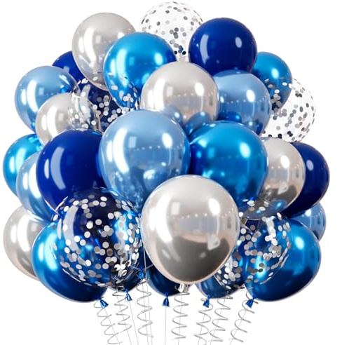 QIFU Globos Azul Plata, 12 Pulgadas Globos Plata Azul Metálico Globos de Confeti Plata para Comunion Graduacion Chico Cumpleaños Decoracion Aniversario Baby Shower Birthday Bautizo Decoración Fiesta