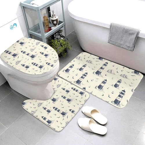 Set di 3 tappeti da bagno con stampa di faro, gabbiano, ancora, assorbente, antiscivolo, lavabile, copriwater a forma di U, tappetino per contorno WC, tappetino per doccia, tappetino da bagno per WC e