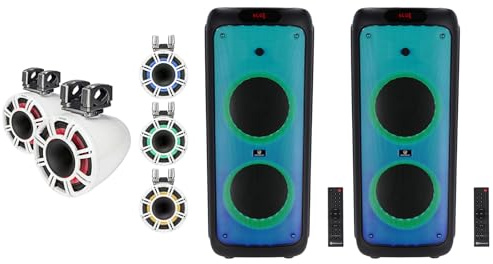 Kicker KMTC11 HLCD 44KMTC114W Bundle: (2) 11 600W Peak / 300W RMS Marine Wakeboard Tower Speakers, (2) BASS Party 10 Dual 10 2000W Peak / 400W RMS Bluetooth LED Speaker for Parties, 4-Items