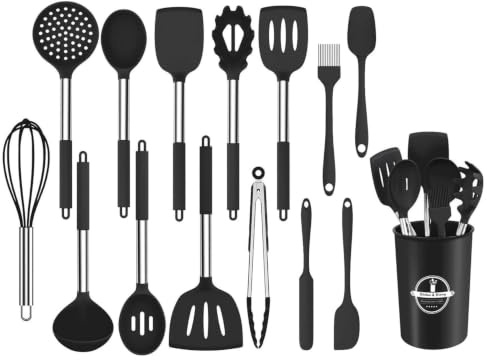 Silicone Cooking Utensil Set, Yixinhe Kitchen Utensils 15pcs Cookings Utensils with Stainless Steel Handle Heat Cookings Tools, Kitchen Cooking, Spatula Turner,Whisk Kitchens Tools Set -Black