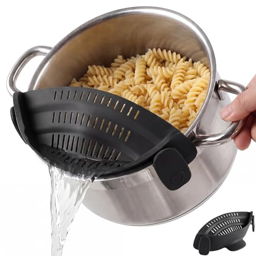 Silikon Sieb zum Anklemmen, Küchensieb Abtropfsieb für Töpfe und Pfannen, Clip-On Nudelsieb Abgießhilfe für Pasta, Gemüse und Obst, hitzebeständig, Schwarz, 1 Stück