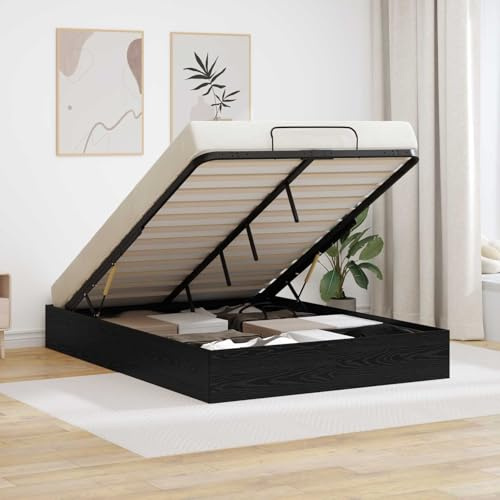SKTQYQO Modern Ottoman Bed Frame 203x120x25 cm Chipboard Black Oak with Gas Lift Storage
