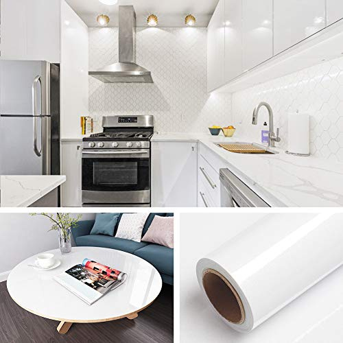 Livelynine Papier Adhésif Blanc Brillant de 40 CM*5M Adhésif Lavable Amovible Papier peint Décoratif Pour Meuble de Cuisine Bureau Porte Table à manger Armoire Tiroir Étagère Salle de Séjour