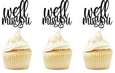 We Will Miss You Cupcake Toppers, 12 Pcs Retirement, Going Away, Job Change, Farewell Party Decorations, Black Glitter Dessert Sign for Graduation Party Ornaments, Pre-assembled, Double-sided