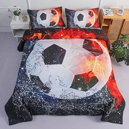 Roscloud Sports Soccer Ball Comforter Sets Twin Size Bed Set- 2PC Ice Flame Galaxy Soccer Boys Quilt Bedspread Bedding Set（Comforter x 1 Pillowcases x 1）