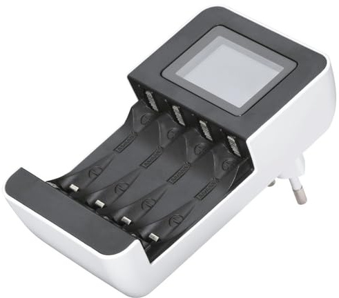 Akku Ladegerät, für AA und AAA (für 1-4 wiederaufladbare NiMh AA oder AAA Akkus, Batterie Ladegerät, LCD Anzeige, Ladeanzeige, Anzeige defekter Batterien) schwarz/weiß