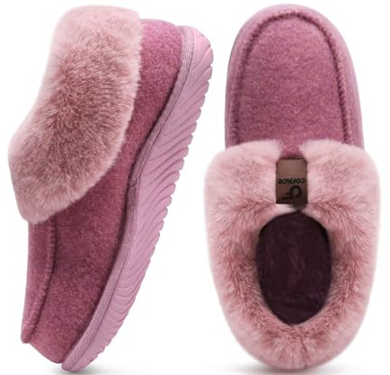 COFACE Women's Arch Support Memory Foam House Slippers Ladies Warm Fuzzy Faux Fur Collar Winter Moccasin Shoes with Orthopedic Plantar Fasciitis Indoor Outdoor Hard Rubber Sole Pink Size 6