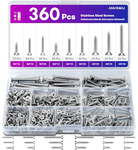 ANVINKU Stainless Steel Screws, 360 PCS Self Tapping Screws, M3/M4/M5 Countersunk Wood Screws Assortment, 304 Stainless Steel Self Tapping Screws, Assorted Wood Screws For Woodwork Indoor Outdoor