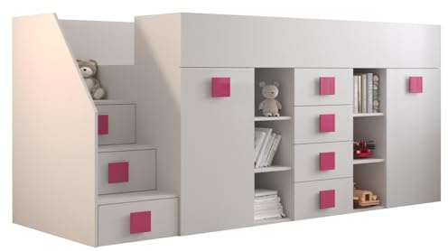 MEBLE KRYSPOL Toledo 3 Hochbett für Kinder, Jugendliche mit Stauraum - Etagenbett mit Schreibtisch, Kleiderschrank, Regal, Schubladen, Treppe - 248,5x93x123 cm - Weiß, Weiß, Rosa