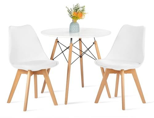 H.J WeDoo Rund Tisch und Stühle Set Esszimmergruppe, Essgruppe Weiß Tisch mit 2 Weiß Stühlen für Esszimmer Küche Wohnzimmer