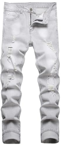 Jeans da uomo slim fit elasticizzati strappati a tubo per uomini, effetto consumato destroyed regular a gamba dritta moda comfort vita flessibile pantaloni jeans, adolescenti moda casual skinny cargo