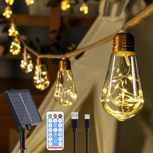 Ollny 12M Solar Lichterkette Aussen 24 S17 Glühbirnen 8 Modi Timer USB | Wetterfest, Dimmbar Vintage-Design, mit Fernbedienung, Warmweiß, für Außen, Garten, Balkon, Terrasse, Hochzeit und Party