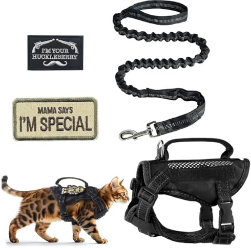 ZHHSUNY Kattsele, anti-flykt kattsele, justerbara ventilerande halsband och koppel för katter, med broderade emblem, reflekterande kattkoppel (svart, M)