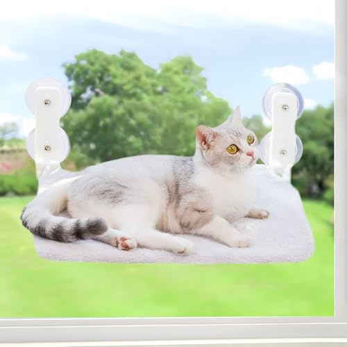 Plush Cat Window Perch Hammock Soft Hanging Bed Cat Window Sill Holder | with Steel Frame & Strong Suction Cups, for Glass Windows Supports 18KG Foldable Comfortable Lounge Seat for Cats (White)