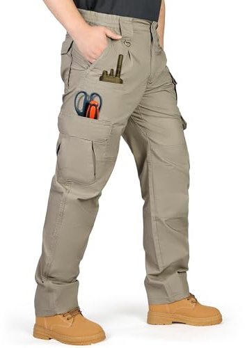 IGOLUMON Arbetsbyxor för män lastbyxor stretch taktiska byxor flera fickor med halvelastisk midja för vandring vardaglig utomhus camping, Khaki, 40W X 32L