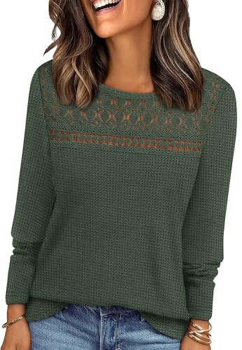 WIHOLL Ladies Christmas Jumpers Long Sleeve Tops Womens Lace Blouse Trendy Waffle Knit Jumpers Dressy Casual Green Size 10-12 M