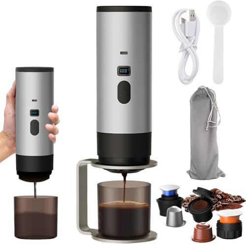 Macchina da caffè portatile 3 in 1, 72 W, ricaricabile, compatibile con capsule caffè espresso e caffè macinato, caffettiera da caffè espresso, per ufficio, campeggio, auto, viaggio (grigio-supporto)