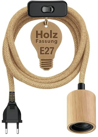 ledscom.de Hempkabel/textilkabel KIVO, stickpropp, strömbrytare, beige/ljusbrun, 3m, lamputtag i äkta trä, 1x E27 max. 60W