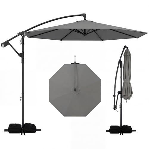 COSTWAY Sonnenschirm mit Ständer, 300 cm Ampelschirm mit Kurbel, Gartenschirm, 360° drehbar, Marktschirm, Terrassenschirm für Garten, Terrasse, Pool (Grau)