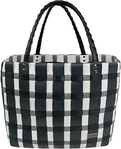 normani® Einkaufstasche Shopper geflochten aus Kunststoff - robuster Strandkorb Vintage Style 38cm x 25cm x 28cm Classic/Thin Grey Einheitsgröße