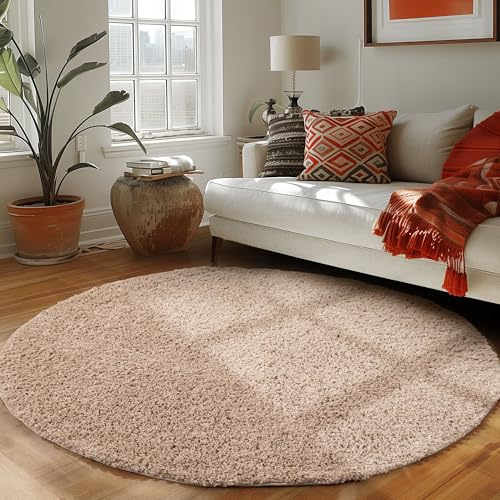 Carpettex Runder Teppich Wohnzimmer Hochflor Einfarbiges Design Langflor Shaggy Modern Flauschig, Farbe: Beige, Größe: 120 cm Rund