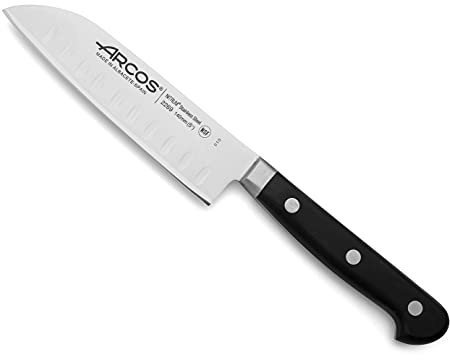 Arcos Cuchillo Santoku Acero Inoxidable. Cuchillo japonés Afilado para Pescado, Carne y Verduras. Mango ergonómico polioximetileno y Hoja 140 mm. Serie Opera. Color Negro.
