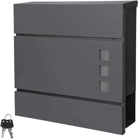ECD Germany Briefkasten in Anthrazit mit Zeitungsfach, Schloss und 2 Schlüsseln, inkl. Montagematerial, 37x10,5x36,5 cm, Stahl, Moderner Design Wandbriefkasten, Postkasten, Mailbox mit Zeitungsrolle